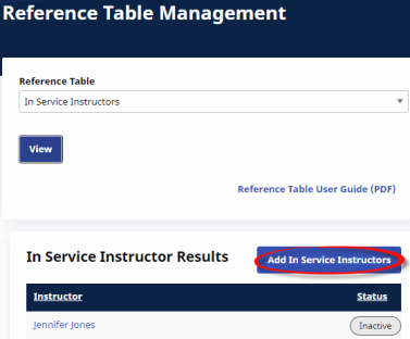 The In Service Instructors reference table displays an Add In Service Instructors button at the top right.